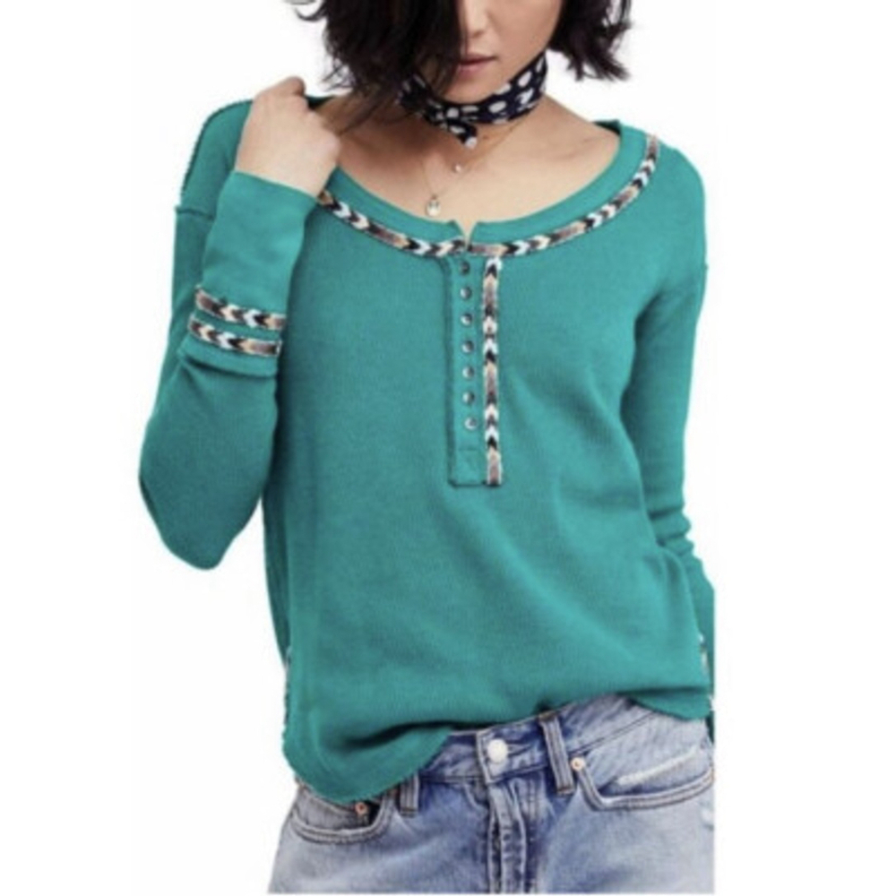 Free People Rainbow Thermal Henley Long Sleeve Tee M Green We The Free
